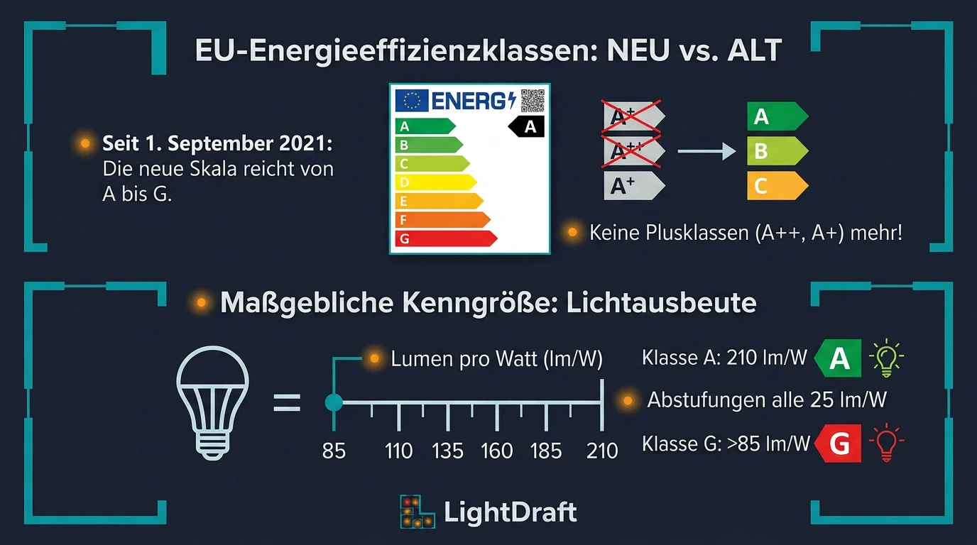 Seit dem 1. September 2021 gilt das überarbeitete EU-Label. Die neue Skala reicht wieder von A bis G; die 2012 eingeführten Plusklassen A+ und A++ entfallen.