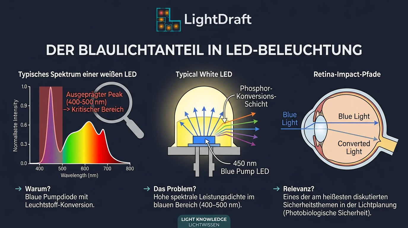 Spektrum-Diagramm zum Blaulichtanteil LED mit Risikogruppen RG0–RG3 nach EN 62471 zur photobiologischen Sicherheit