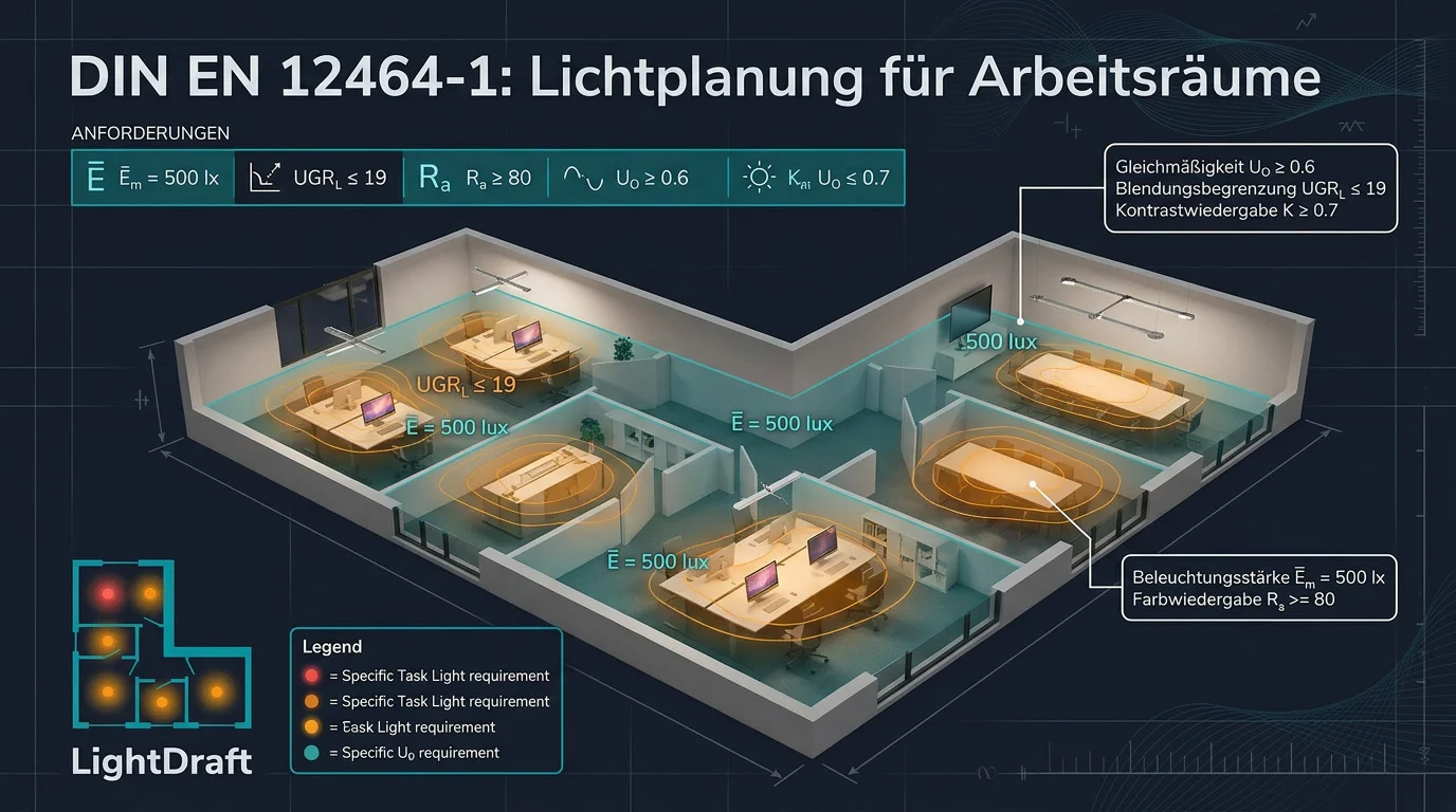 Schema zur Lichtplanung nach DIN EN 12464-1 mit Sehaufgabenbereich, Umgebung und Hintergrund