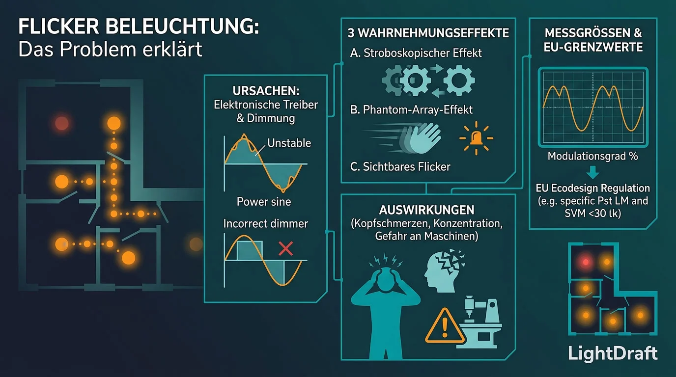Schema zu Flicker Beleuchtung: flimmernde LED, stroboskopischer Effekt und PstLM/SVM-Grenzwerte