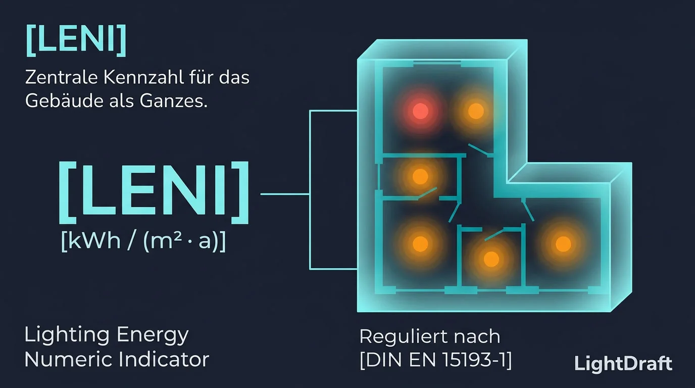 Diagramm zur LENI-Berechnung nach DIN EN 15193 mit Energiebedarf der Beleuchtung in kWh pro m² und Jahr