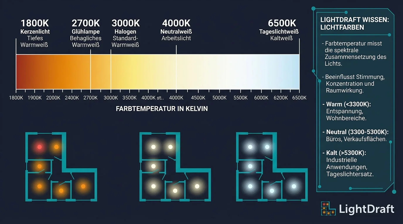 Lichtfarbe Kelvin im Vergleich: warmweiß, neutralweiß und tageslichtweiß als Skala von gemütlich bis kühl