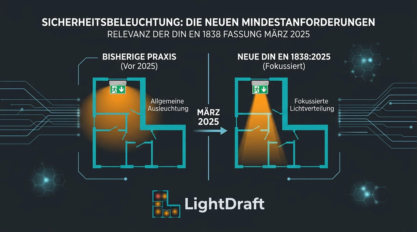 Beleuchteter Rettungsweg mit Sicherheitszeichen als Beispiel für Notbeleuchtung DIN EN 1838