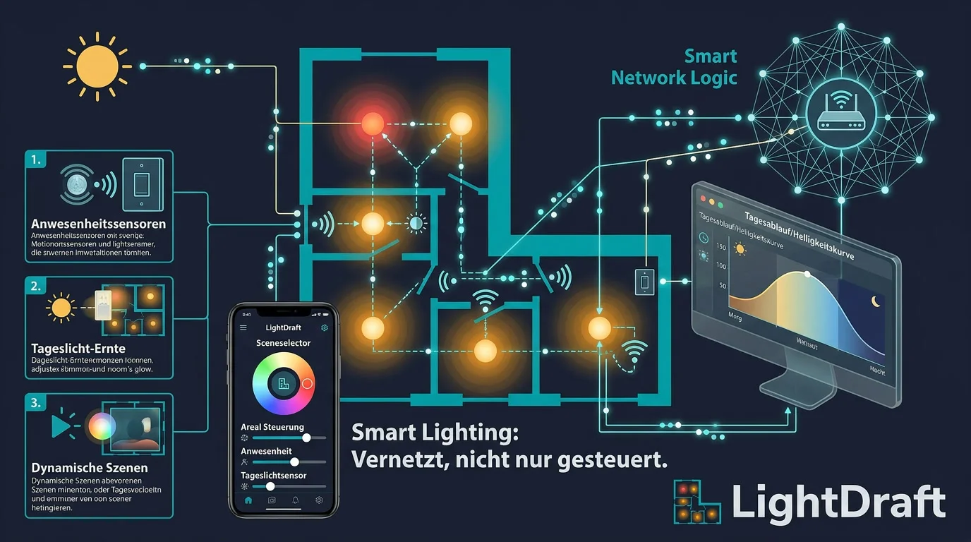 Smart Lighting Setup mit vernetzten Leuchten, Präsenzsensor, Gateway und App-Dashboard zur Lichtsteuerung
