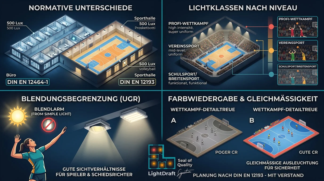 Sporthallenbeleuchtung nach DIN EN 12193: gleichmäßig ausgeleuchtetes Hallenspielfeld mit blendarmen LED-Leuchten
