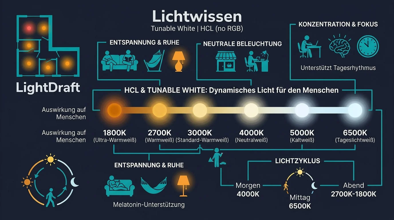 Tunable White Leuchte mit Tagesverlauf von warmweiß bis tageslichtweiß als Basis für HCL Beleuchtung